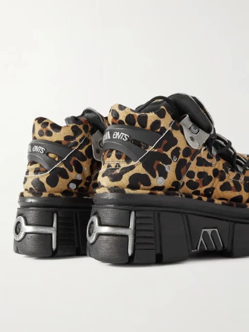 Vetements New Rock Embellished Leopard-Print Pony Hair Platform Sneakers 4